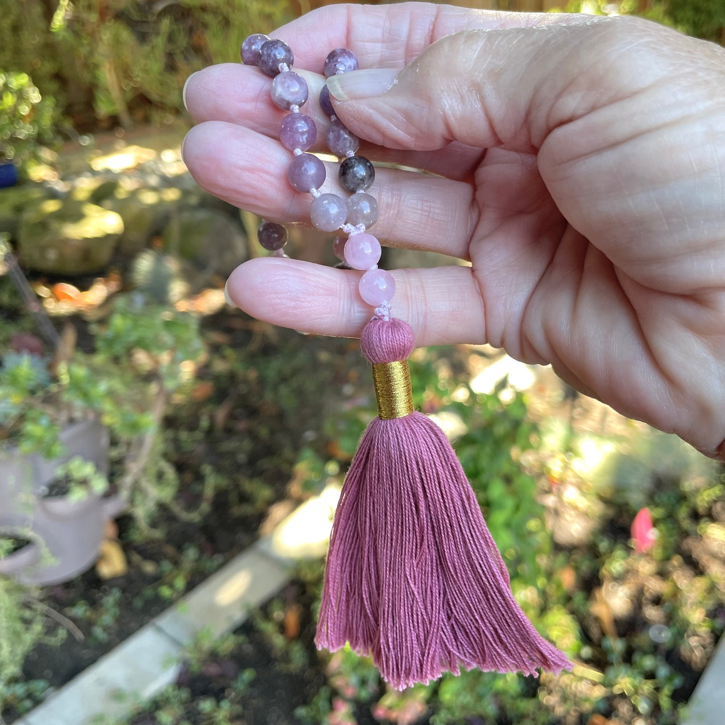 JOY, LOVE & CALM Lepidolite & Rose Quartz Gemstone Pocket Mala, Prayer Beads