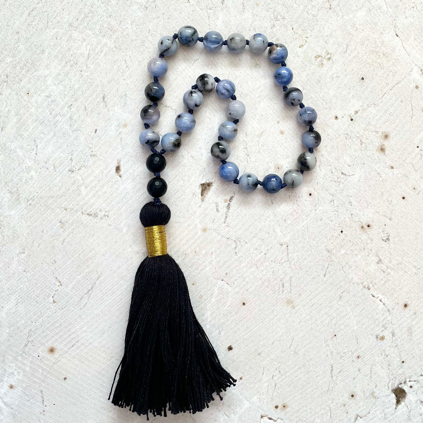 ABUNDANCE, PROTECTION & HOPE Blue Fire Quartz with Pyrite & Black Onyx Pocket Mala, Prayer Beads