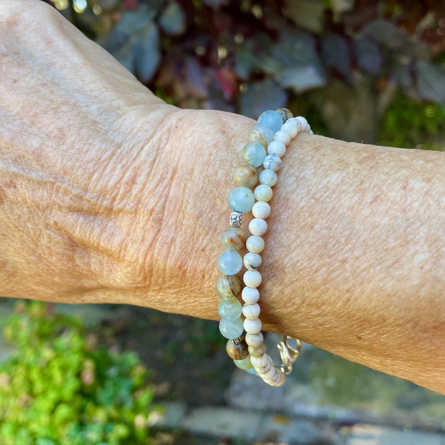 SERENITY Lemurian Aquatine Calcite & Dendritic White Opal Gemstone Intention Bracelet, Wearable Energy