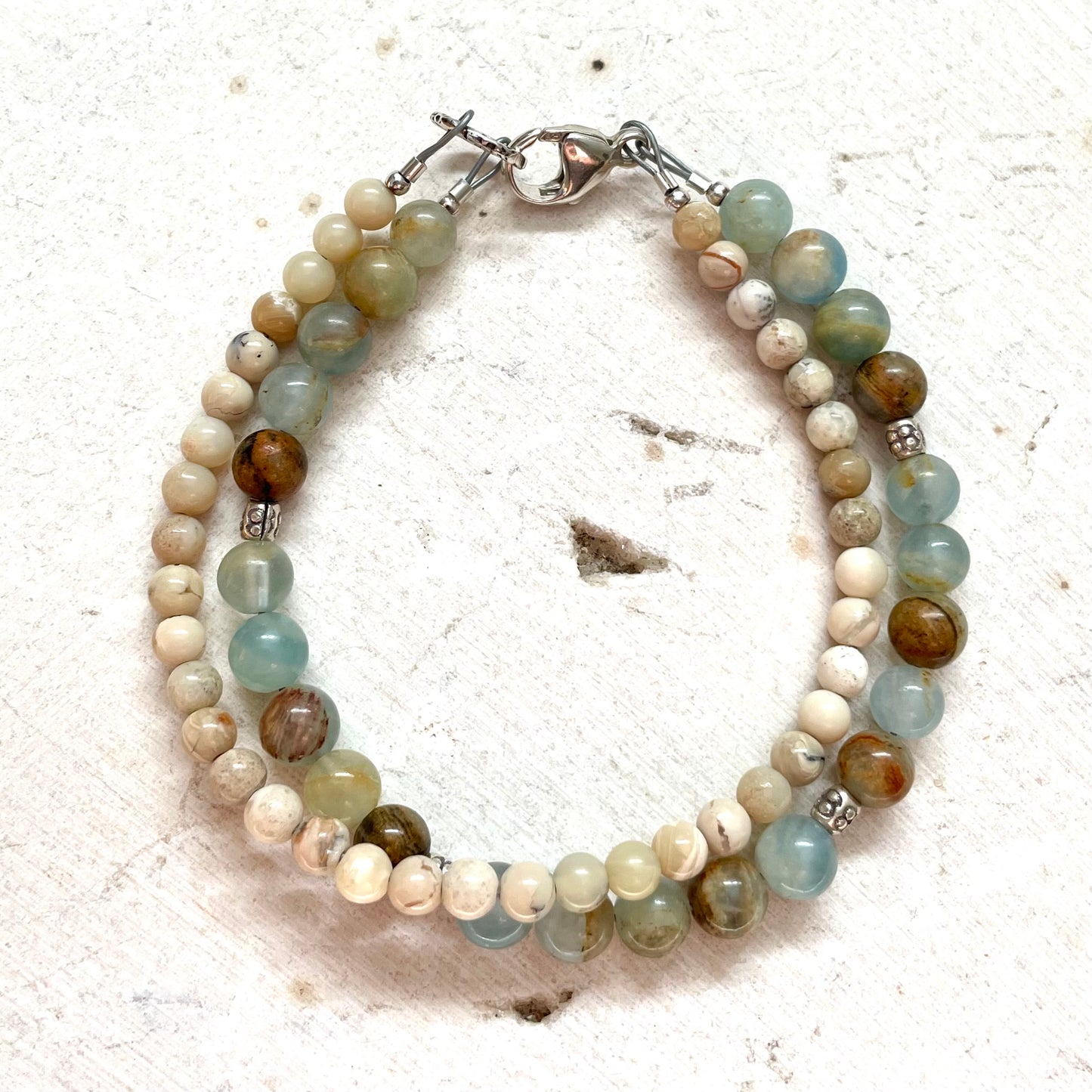 SERENITY Lemurian Aquatine Calcite & Dendritic White Opal Gemstone Intention Bracelet, Wearable Energy