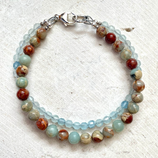 SERENITY African Opal Jasper & Aquamarine Double Strand Gemstone Intention Bracelet, Wearable Energy