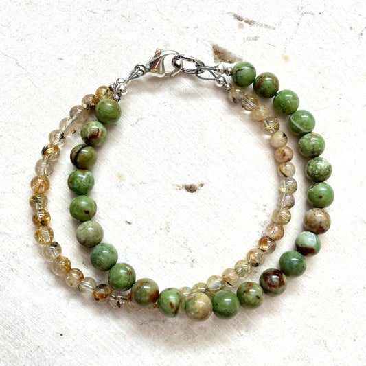 CLARITY Green Opal & Golden Rutilated Quartz Double Strand Gemstone Intention Bracelet, Wearable Energy