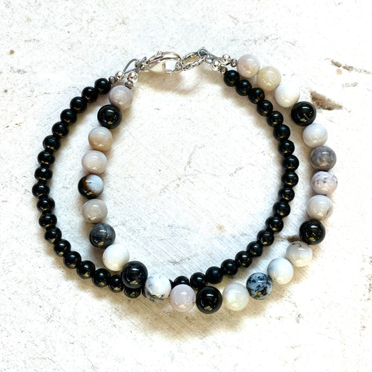 PROTECTION Dendritic Agate & Shungite Double Strand Gemstone Intention Bracelet, Wearable Energy