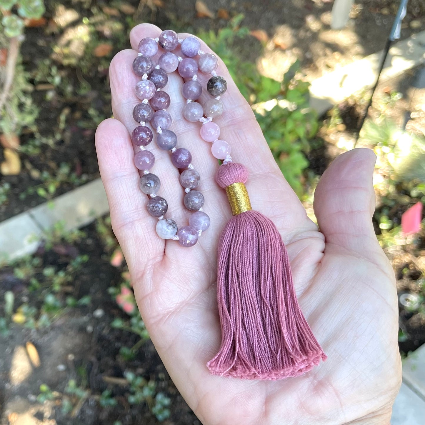 JOY, LOVE & CALM Lepidolite & Rose Quartz Gemstone Pocket Mala, Prayer Beads