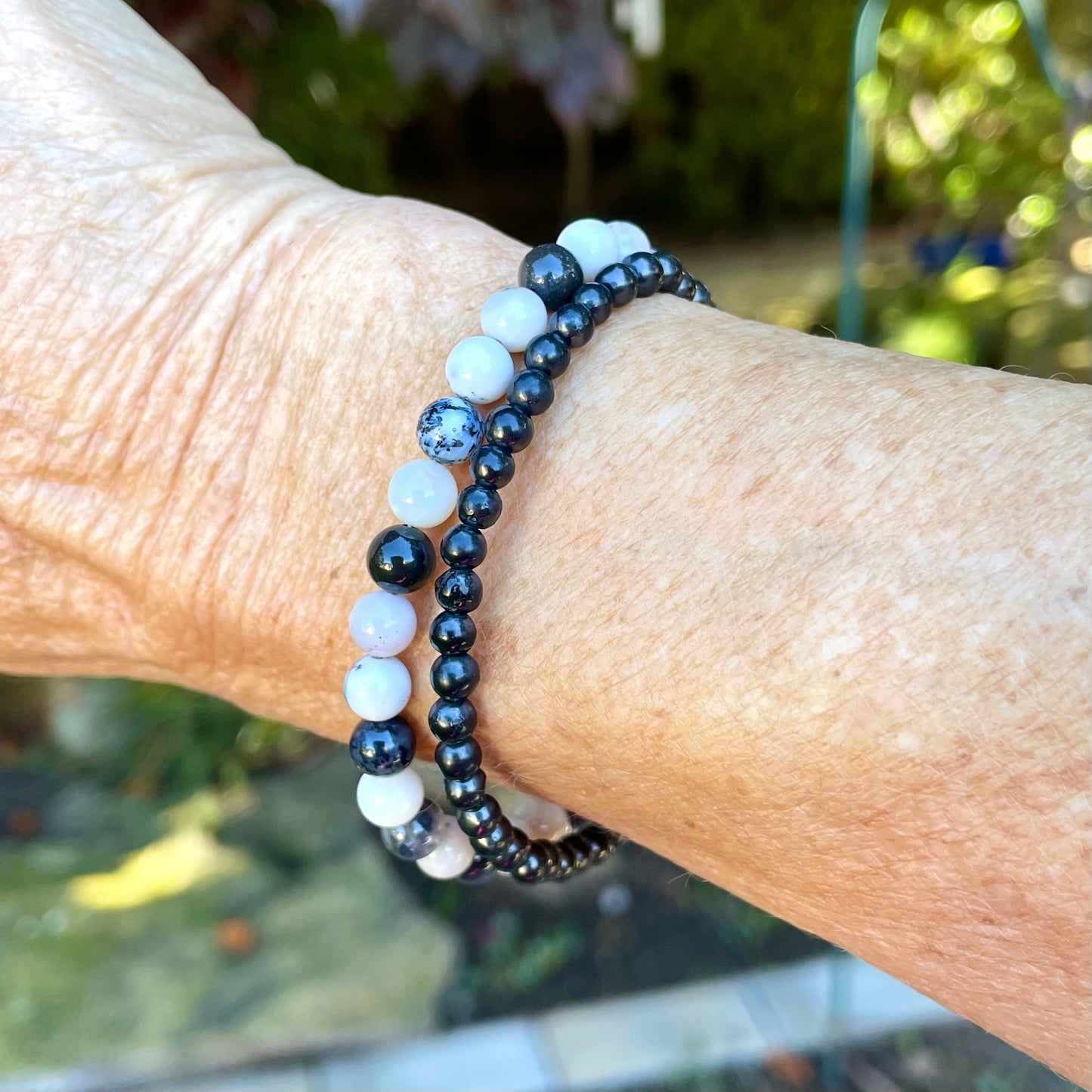 PROTECTION Dendritic Agate & Shungite Double Strand Gemstone Intention Bracelet, Wearable Energy