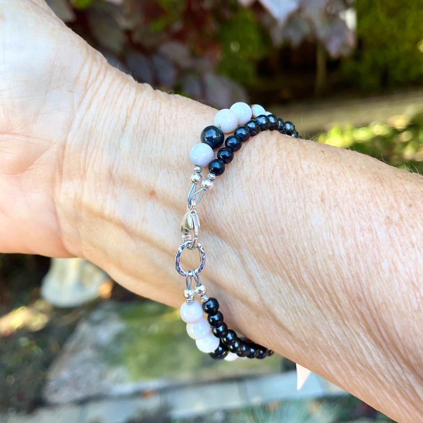 PROTECTION Dendritic Agate & Shungite Double Strand Gemstone Intention Bracelet, Wearable Energy