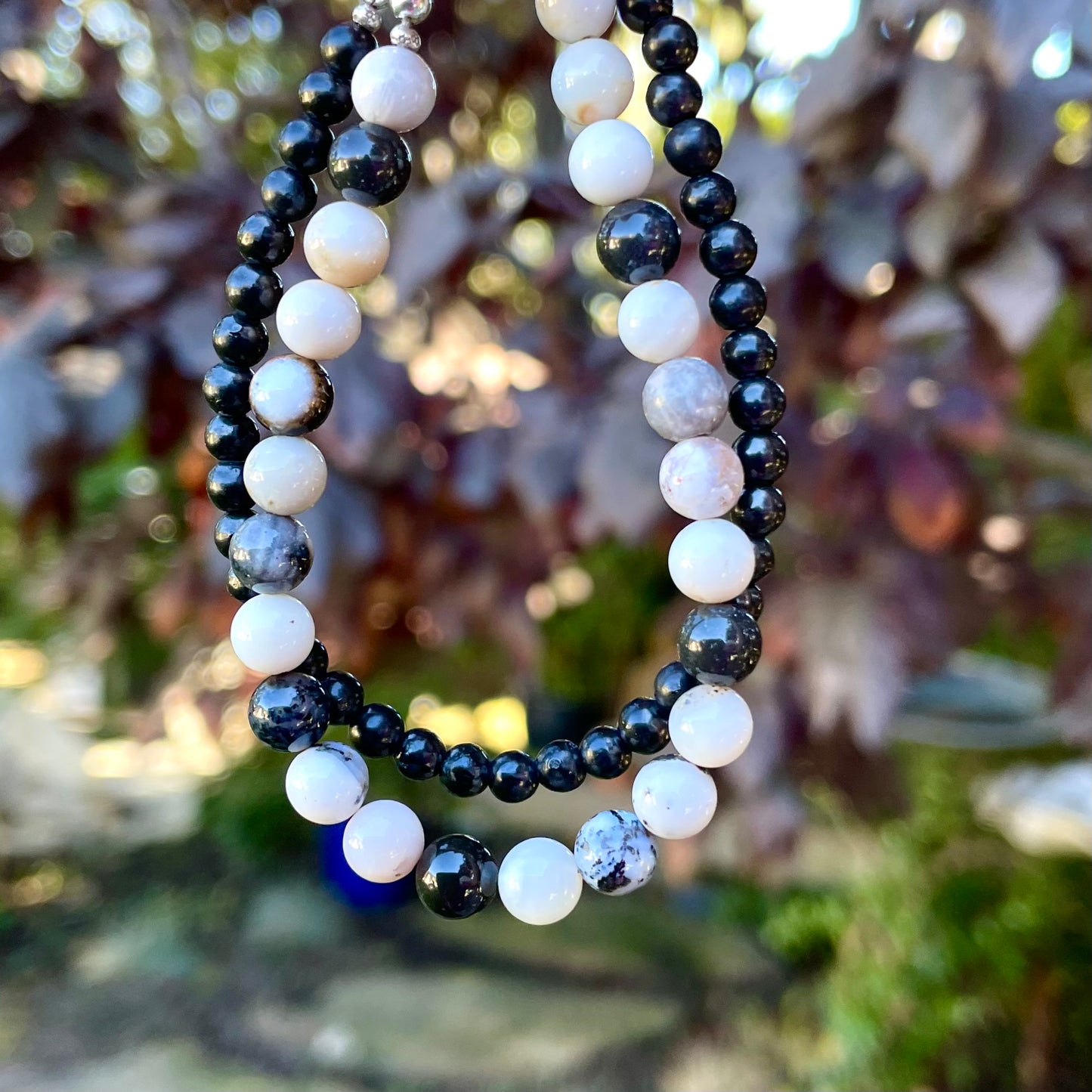 PROTECTION Dendritic Agate & Shungite Double Strand Gemstone Intention Bracelet, Wearable Energy