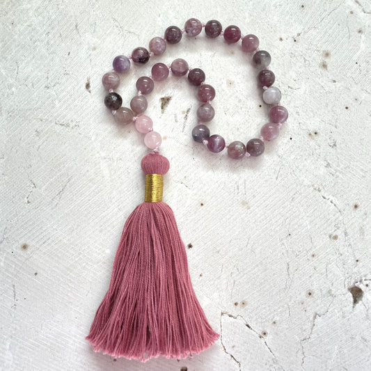 JOY, LOVE & CALM Lepidolite & Rose Quartz Gemstone Pocket Mala, Prayer Beads