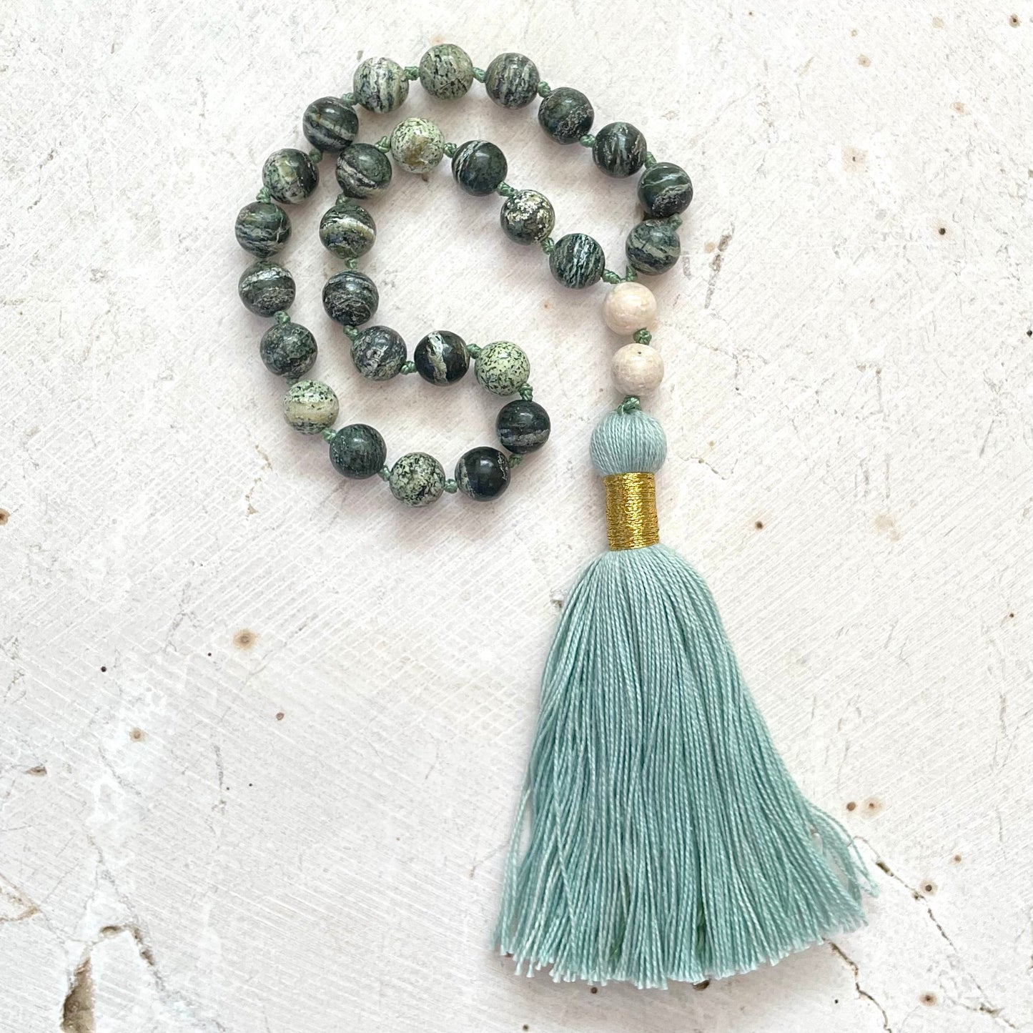 Pocket Mala, GROUNDED, ENERGY & STRENGTH Green Zebra Jasper & River Stone, Prayer Beads