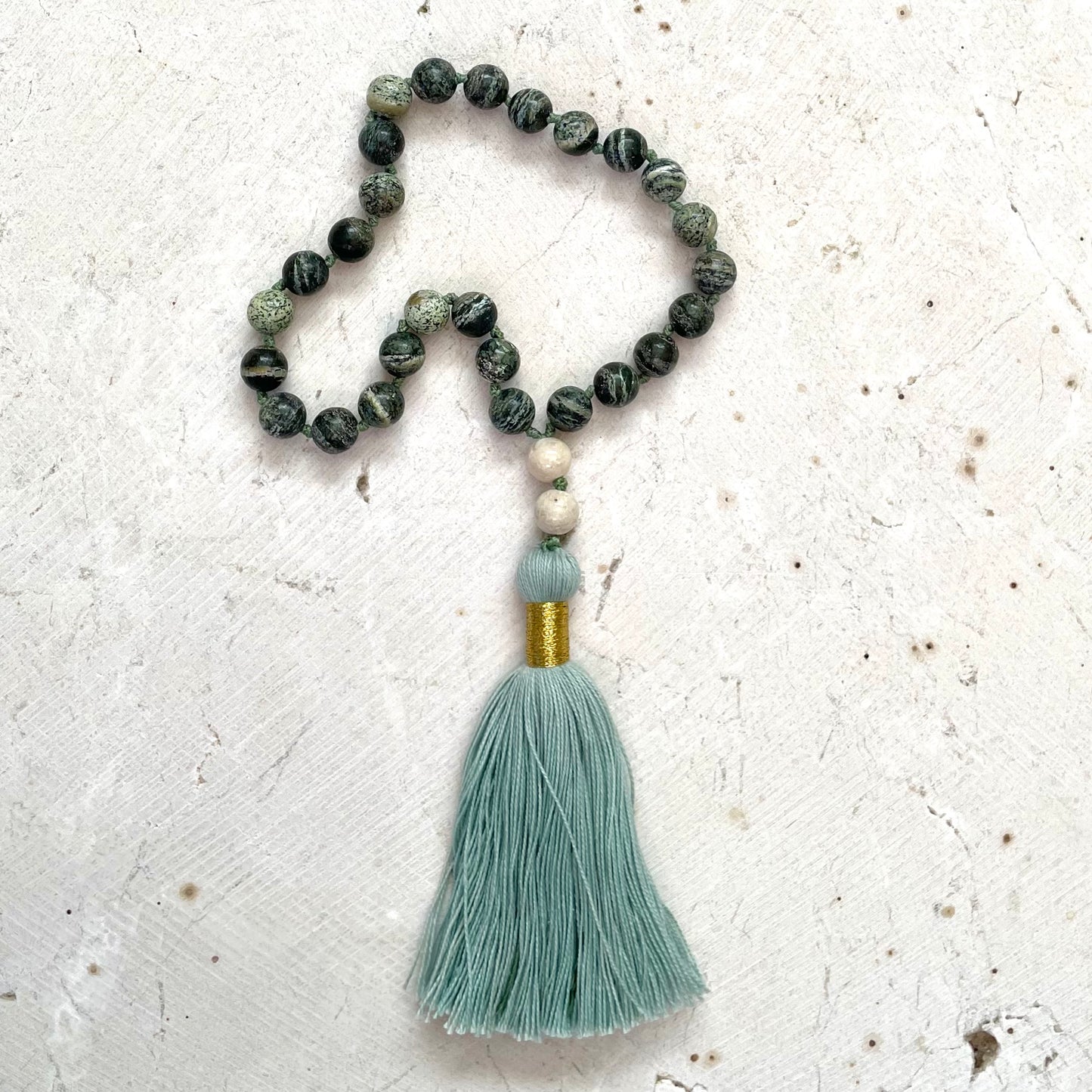 Pocket Mala, GROUNDED, ENERGY & STRENGTH Green Zebra Jasper & River Stone, Prayer Beads