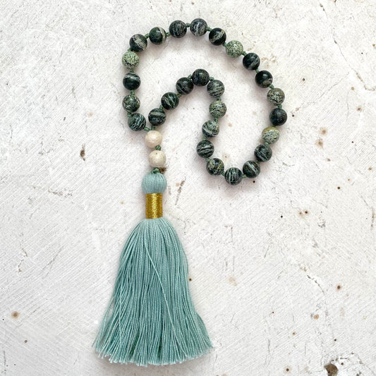 Pocket Mala, GROUNDED, ENERGY & STRENGTH Green Zebra Jasper & River Stone, Prayer Beads