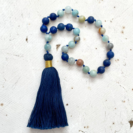 Pocket Mala, Truth, Harmony & Insight, Amazonite & Matte Lapis Lazuli Gemstone, Prayer Beads