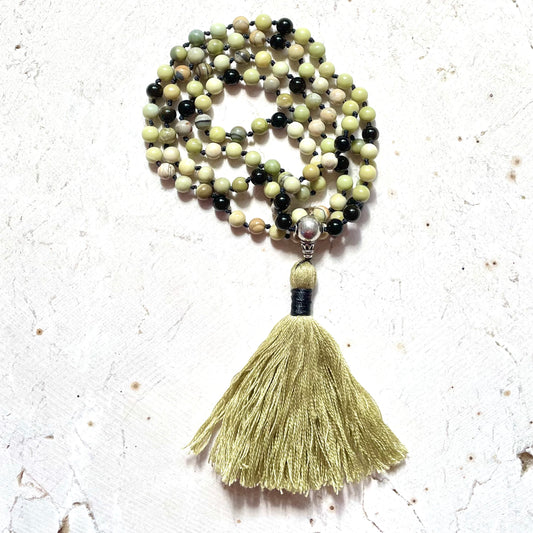 108 Bead Mala, INSIGHT,TRANQUILITY & SELF-LOVE, Butter Jasper & Golden Obsidian Gemstones