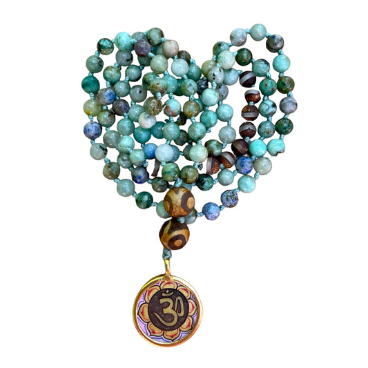 Chrysocolla, Tibetan Agate & OM 108 Mala Gemstone Necklace, Jewelry for the Soul