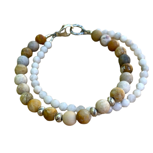 TRANQUILITY Fossil Coral & White Lace Agate Intention Bracelet, Wearable Energy