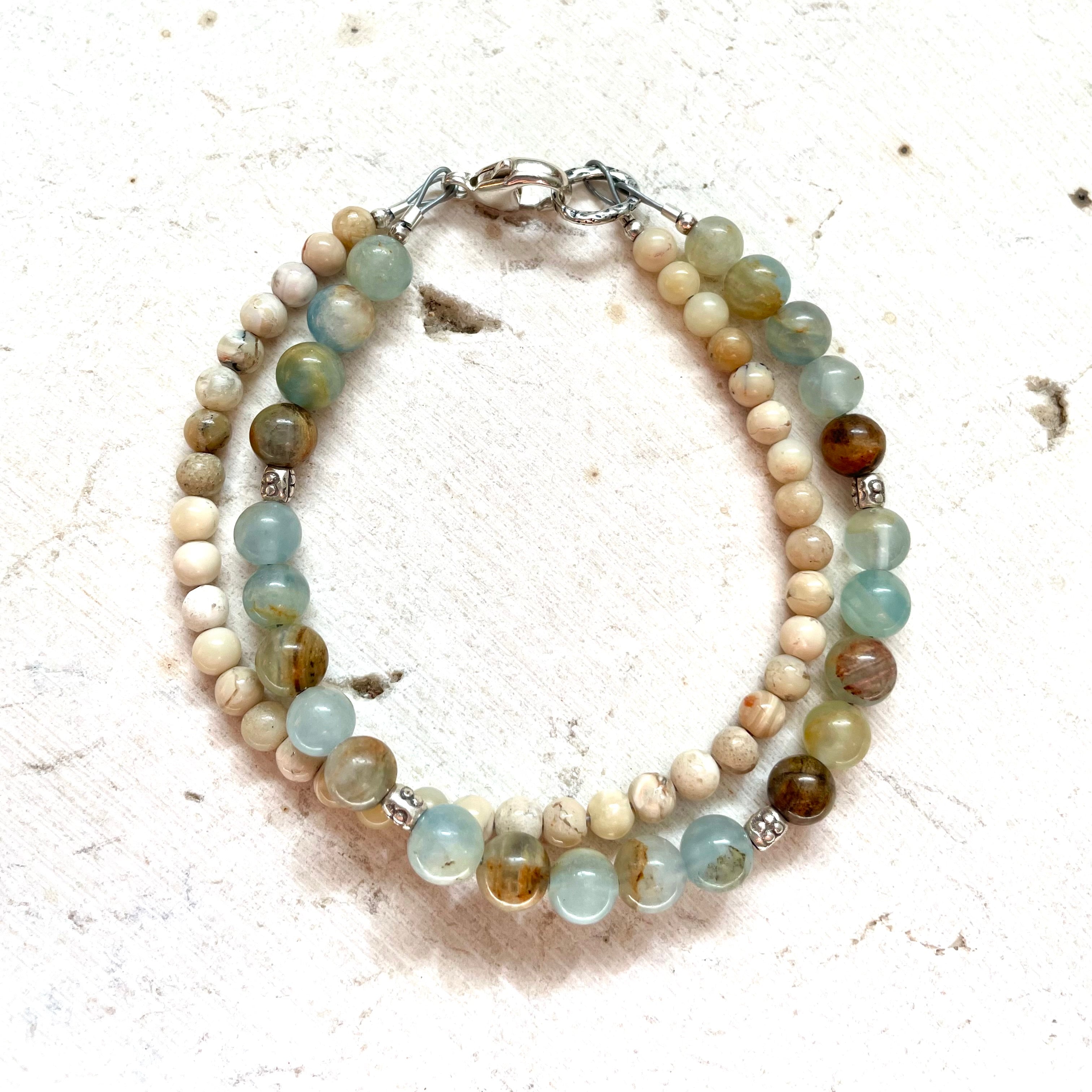 Serenity Intention Bracelet, Lemurian Aquatine Calcite, African Dendritic White Opal & Hill Tribe silver beads